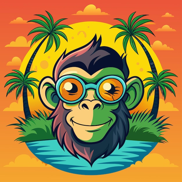 Vector monkey on tropical beach cartoon Tshirt design