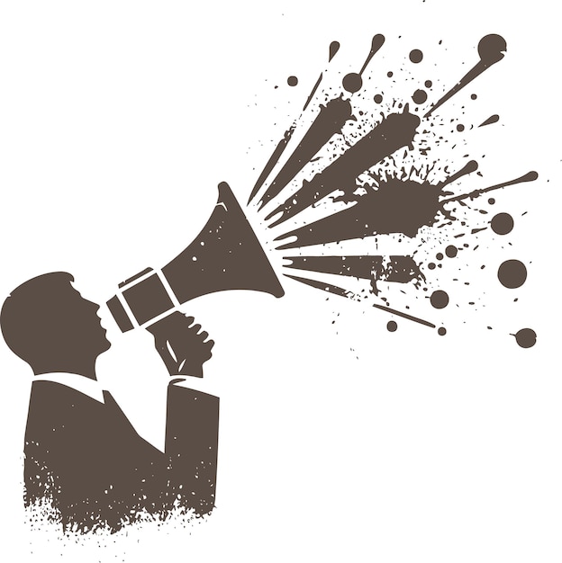 Vector vector monochrome illustration of a silhouette of a man shouting into a megaphone with splashes