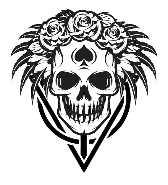 Vector monochrome illustration with girl skull rose