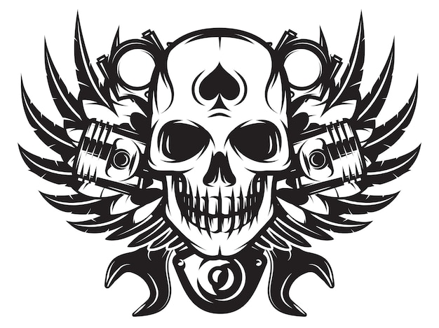 Vector monochrome image on motorcycle theme with skull wings engine