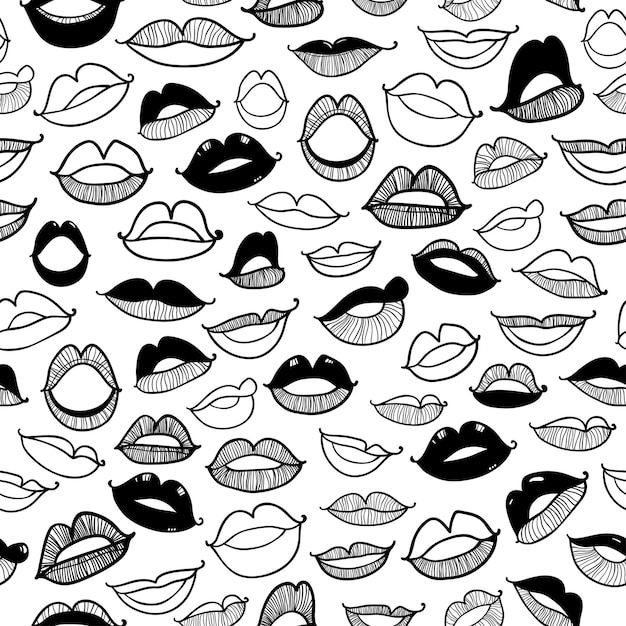 Vector Monochrome seamless pattern with contour sketch sexy lips on white