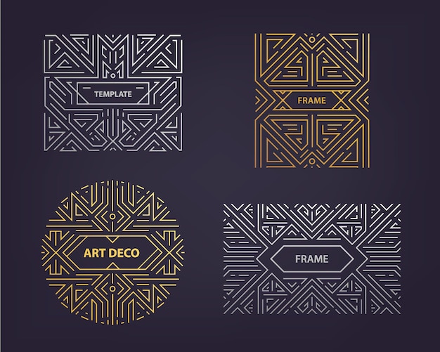 Vector monogram design elements in trendy vintage and mono line style with space for text - abstract golden and silver geometric frames, packaging template . Use for ad, poster, card, cover. Art deco