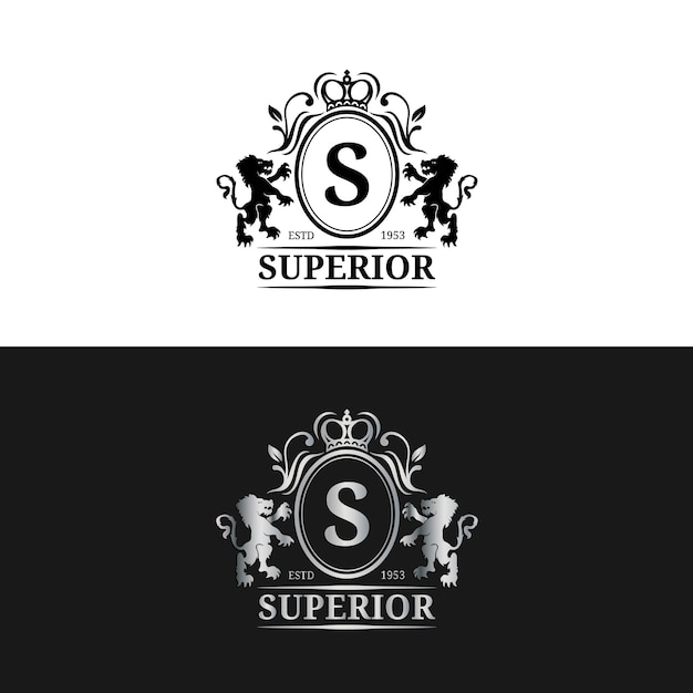 Vector monogram logo template Luxury letter design Graceful vintage character with crown and lions illustration Used for hotel restaurant boutique jewellery invitation business card etc