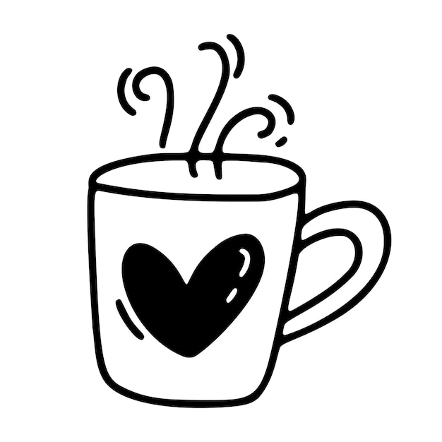 Vector monoline cute cup of coffee with heart Valentines Day Hand Drawn icon Holiday sketch doodle