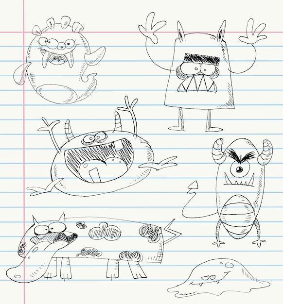 Vector vector monster doodles on notebook paper set number 2