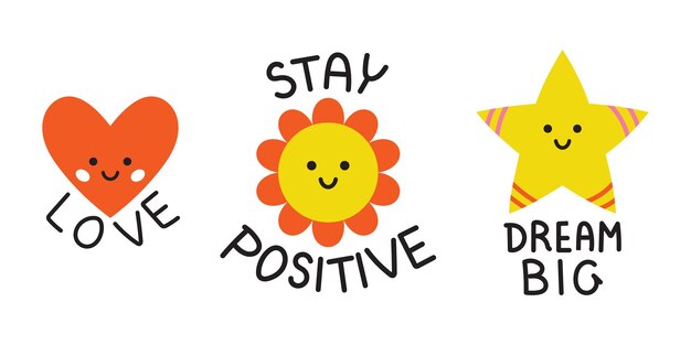 Vector vector motivational sticker set cute smiling heart flower and star with positive phrases funny motivation stickers for planner clipart collection in flat design