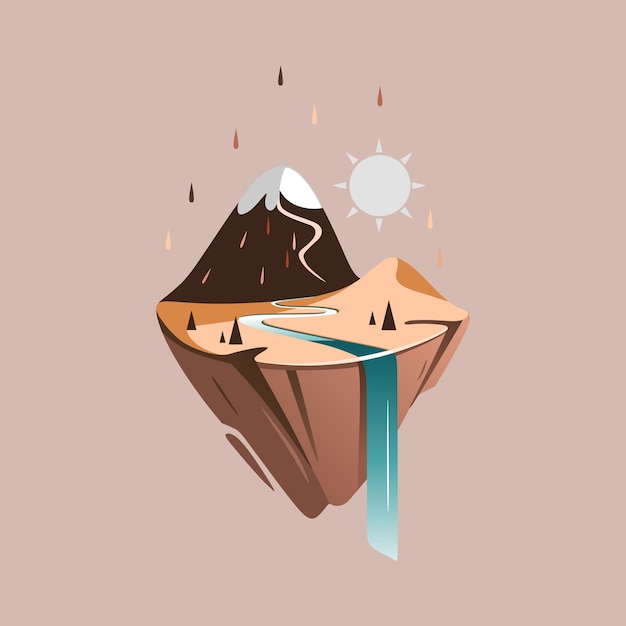 Vector mountain landscape with a mountain on a piece of land a river a waterfall and a desert area