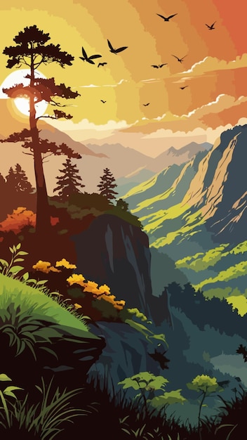 Vector of a mountain landscape with mountains and trees