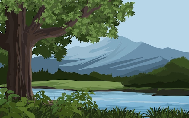 Vector mountain scenery with river and woodland