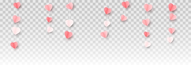 Vector multicolor hanging paper hearts png. Heart shaped paper confetti png. Garland of hearts png.