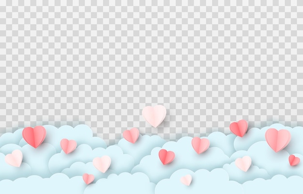 Vector multicolor paper hearts png. Paper hearts on a blue sky background. Paper sky png.