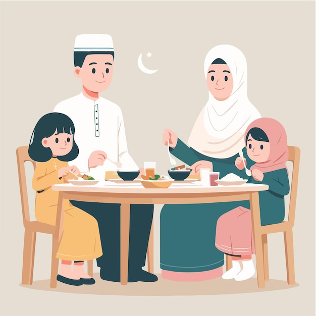 Vector Muslim family eating together