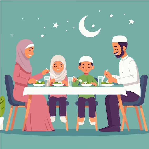 Vector Muslim family eating together