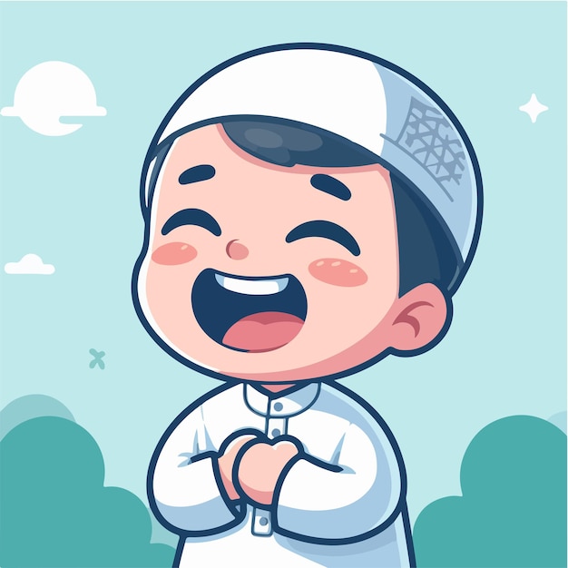 Vector Muslim kid is happy cheerful and excited with a simple and cartoon flat design style