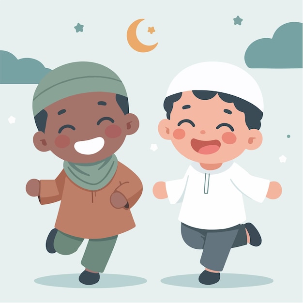 Vector Muslim kid is happy cheerful and excited with a simple and cartoon flat design style