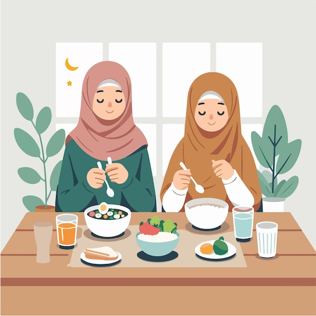 Vector vector of a muslim woman eating in a flat design style