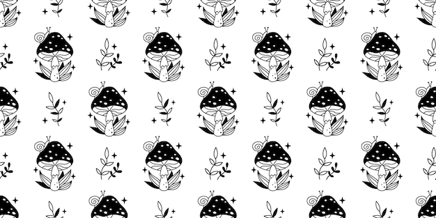 Vector mystic seamless pattern with amanita mushroom with dots in black color Outline magic mushroom and leaves on white background Mystical esoteric fungi seamless pattern