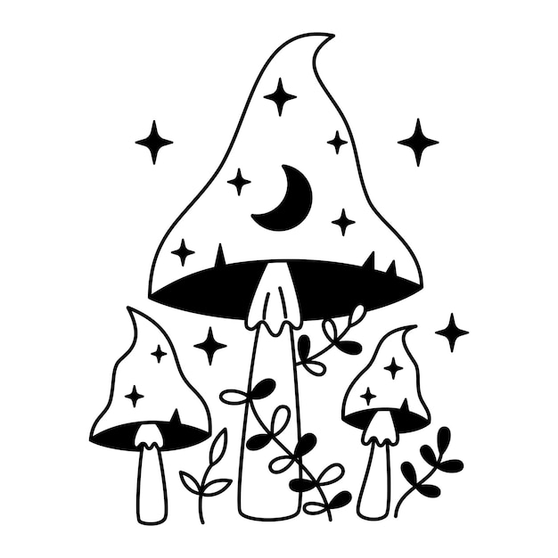 Vector mystical mushrooms with stars and moon in black color Outline witchy magic mushrooms and leaves Fairytale esoteric mushrooms