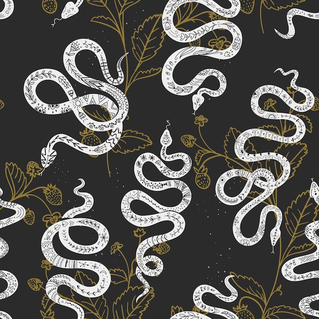 Vector mystical pattern with symbols of snakes in black color Esoteric seamless floral pattern