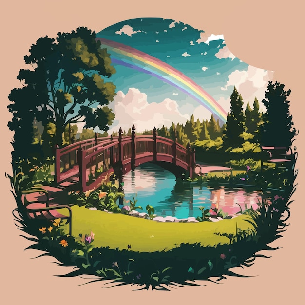 Vector nature park scene background with rainbow in the sky illustration 3d render