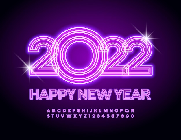 Vector neon Greeting Card Happy New Year 2022 Violet glowing Alphabet Letters and Numbers set