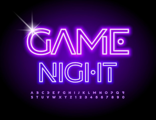 Vector neon poster Game Night. Bright electric Font. Glowing unique Alphabet Letters and Numbers set