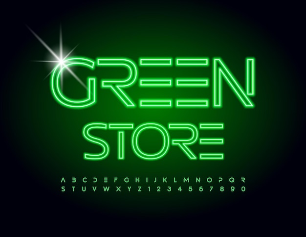 Vector Neon Poster Green Store. Unique Electric Font. Futuristic Green Alphabet Letters and Numbers