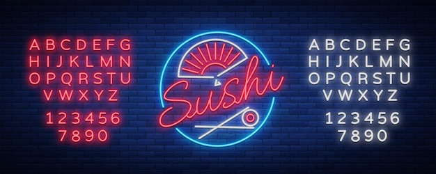 Vector neon sign logo Sushi bar Asian fastfood street in a bar or shop sushi Onigiri