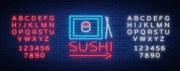 Vector neon sign logo Sushi bar Asian fastfood street in a bar or shop sushi Onigiri