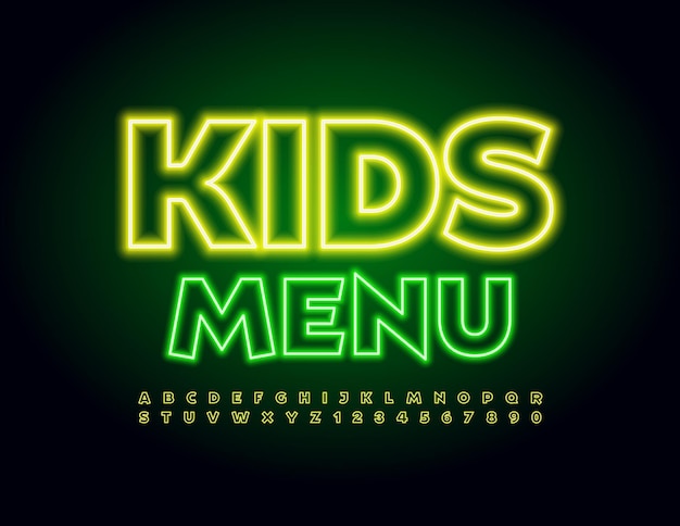 Vector neon template Kids Menu Bright Yellow Font Playful electric Alphabet Letters and Numbers