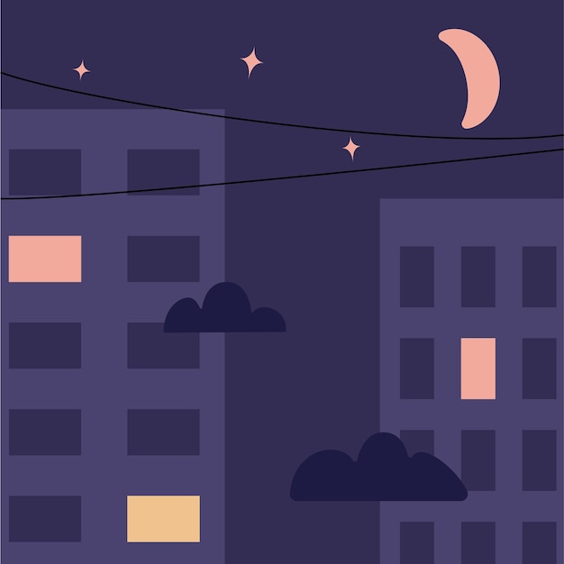 Vector night city landscape with clouds and sky. House silhouettes with lights on in windows.