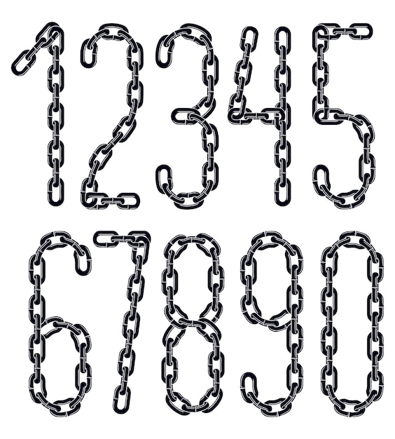 Vector numbers, modern numerals set. Made with iron chain, linked connection.