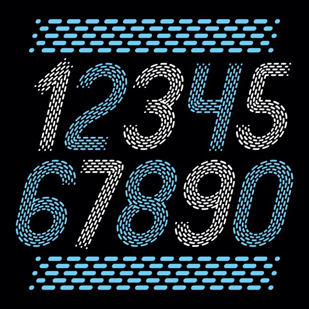 Vector numbers, modern numerals set. Rounded bold italic retro numeration from 0 to 9 can be used for logo creation. Made with parallel dashed lines.