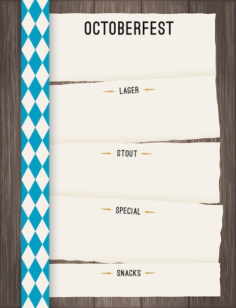 Vector Octoberfest background for beer table menu or flyer Vintage rustic design with wooden backdrop and rough paper sheets