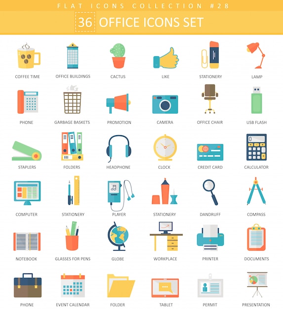 Vector Office color flat icon set. Elegant style design.