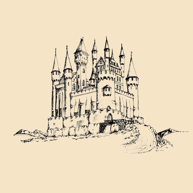 Vector old castle illustration Gothic fortress background Hand drawn sketch of landscape with ancient tower in mountains