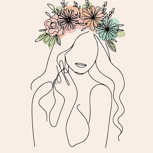 Vector vector one line art woman with flower crown