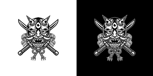 Vector Oni Japanese samurai mask, japanese demon