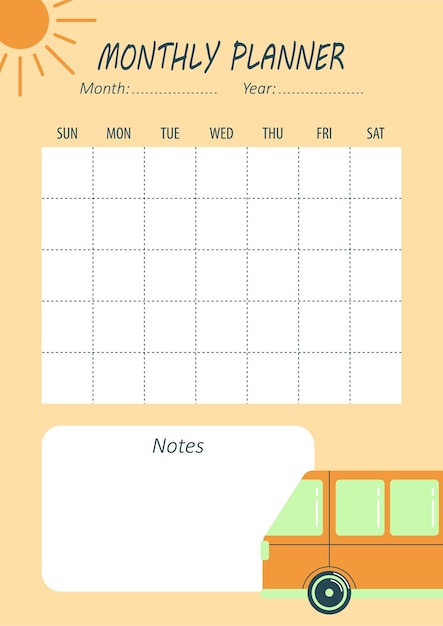 Vector orange monthly planner with sun and bus