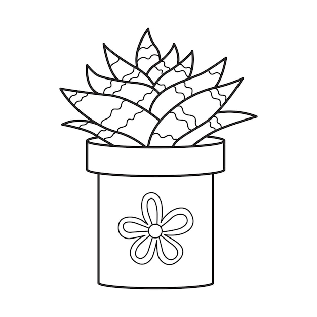 Vector outline aloe in pot Indoor succulent plant with fleshy leaves House plant for home and interior Botanical doodle linear black and white illustration isolated on white background