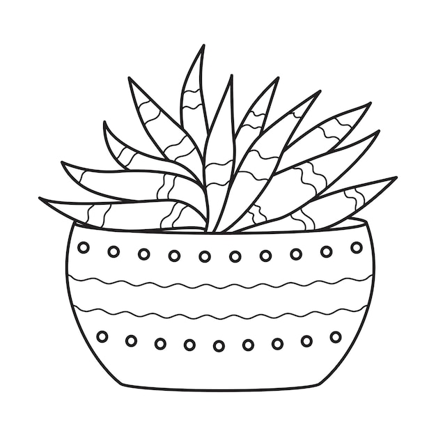 Vector outline aloe in pot Indoor succulent plant with fleshy leaves House plant for home and interior Botanical doodle linear black and white illustration isolated on white background