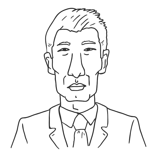 Vector Outline Avatar - Old Asian Man in Business Suit. Male Character Portrait.