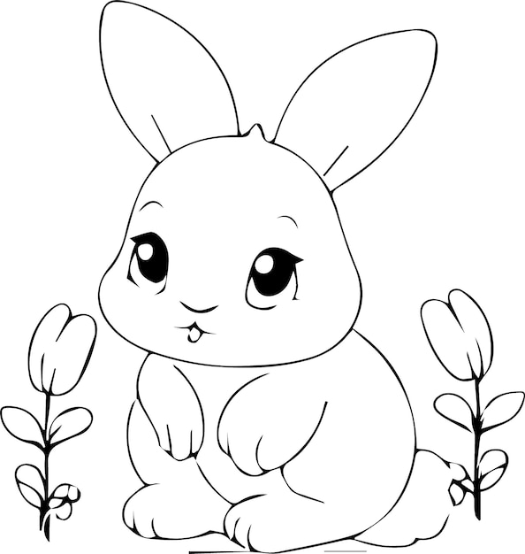 vector outline cartoon cute white bunny on white background