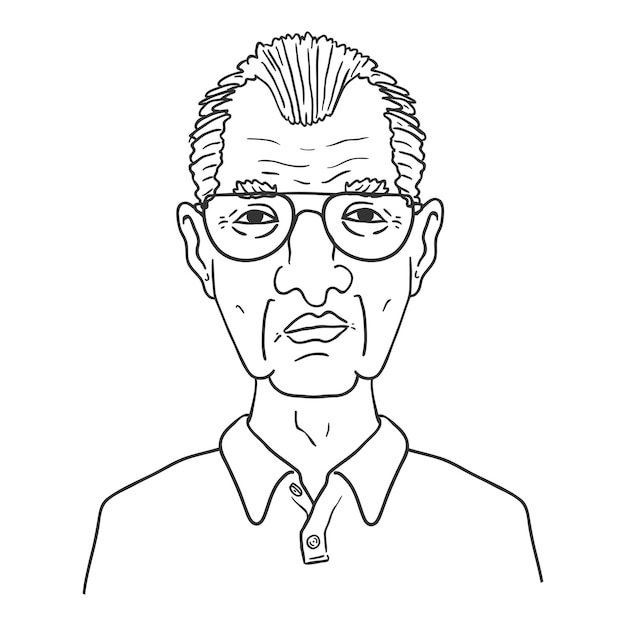 Vector Outline Character - Old Man in Eyeglasses. Male Retired Person Portrait.