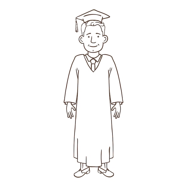 Vector Outline Character  White Young Man in Graduation Gown and Academic Hat