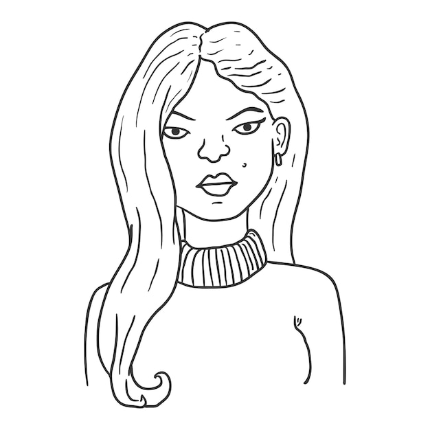 Vector Outline Character - Young Woman. Female Portrait.