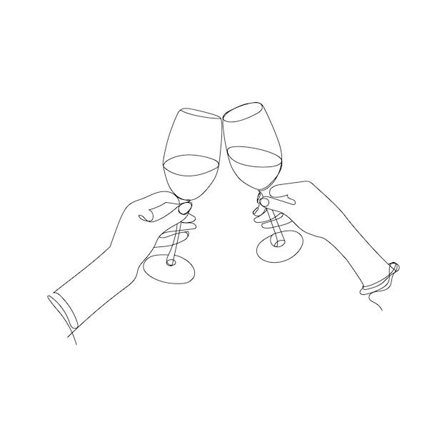 Vector outline illustration Wine glasses in female hands on a white backgroundHand drawing sketch