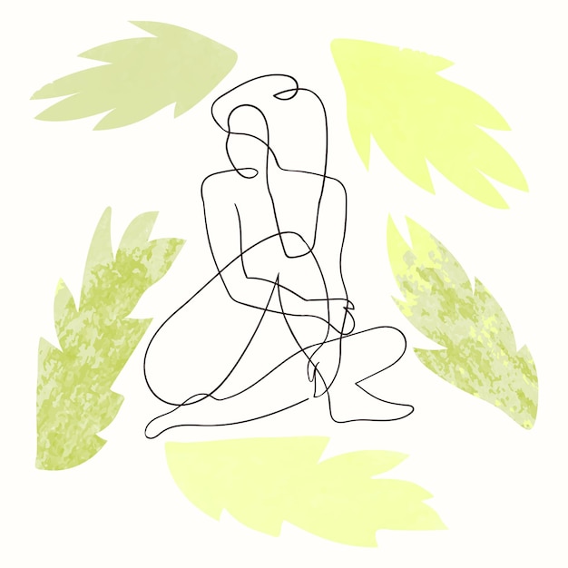 Vector outline illustration of woman body on floral background with exotic leaves One line drawing