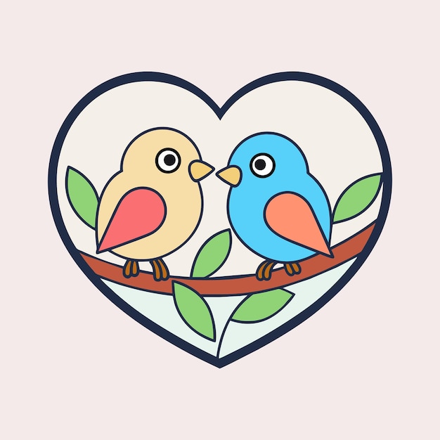 An vector outline of two birds perched on a tree branch with a heart outline framing them