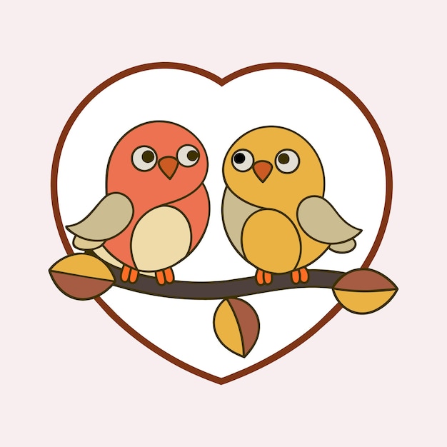 An vector outline of two birds perched on a tree branch with a heart outline framing them